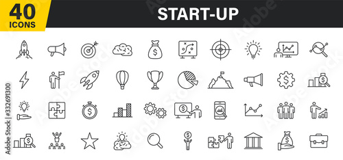 Set of 40 Start up web icons in line style. Creative, idea, target, innovation, business, marketing. Vector illustration.