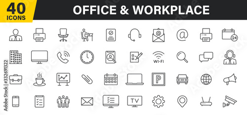 Set of 40 Office and workplace web icons in line style. Teamwork, workplace, coffee, work, business, employee. Vector illustration.