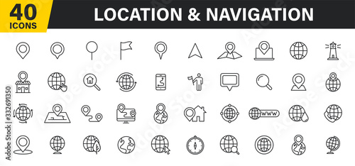 Set of 40 Navigation and location, map, globe web icons in line style. GPS, compass, global, marker, map, pointer. Vector illustration.