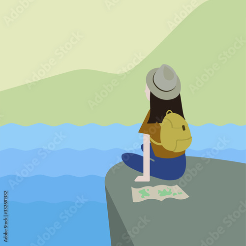  Travel tourist woman with backpack and map sitting near the lake and mountains, flat cartoon vector illustration