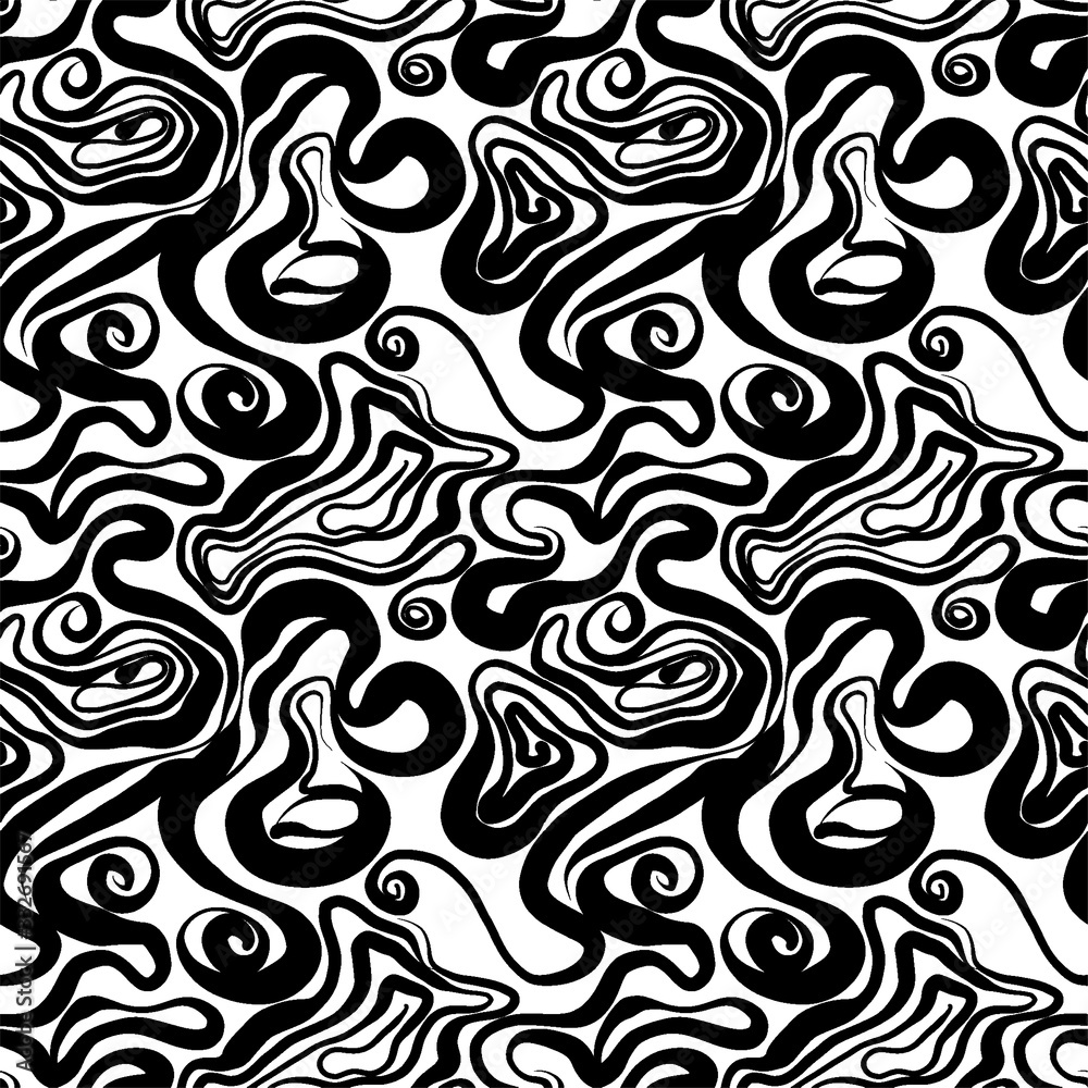 Abstract seamless background from abstract line, curve, wave. Vector seamless black and white pattern. Design for print, eps 10 textile