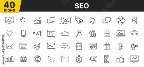 Set of 40 SEO and Development web icons in line style. Contact, Target, Website. Vector illustration.