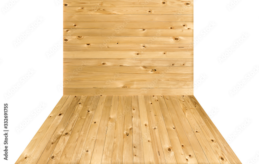 Empty wooden mock up display from pine wood as perspective floor and flat wall with isolated on white background.