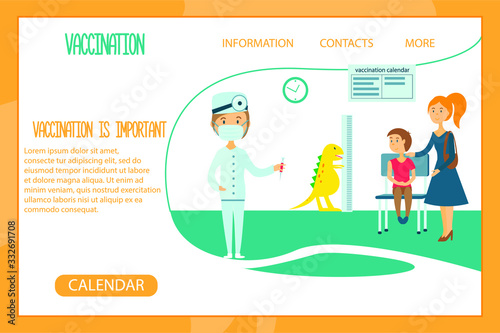 Vaccinate. Landing page template. Modern flat design. Vector illustration with doctor and mom with boy