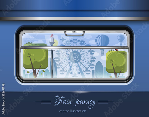 View from the train window. The city and the Ferris wheel outside the train window. Train journey. Vector illustration