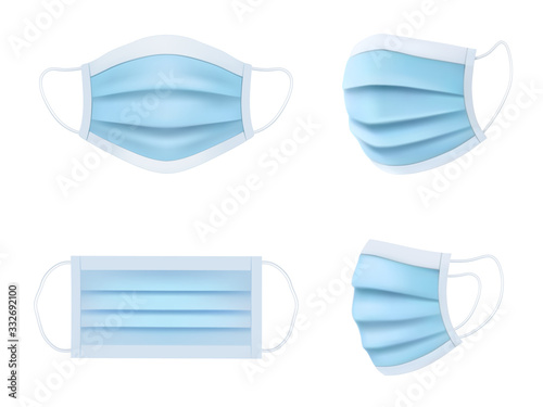 Medical mask vector realistic model, coronavirus and virus disease protection. Medical face mask front and side view, antibacterial and antiviral hygiene, healthcare and disease prevention mask