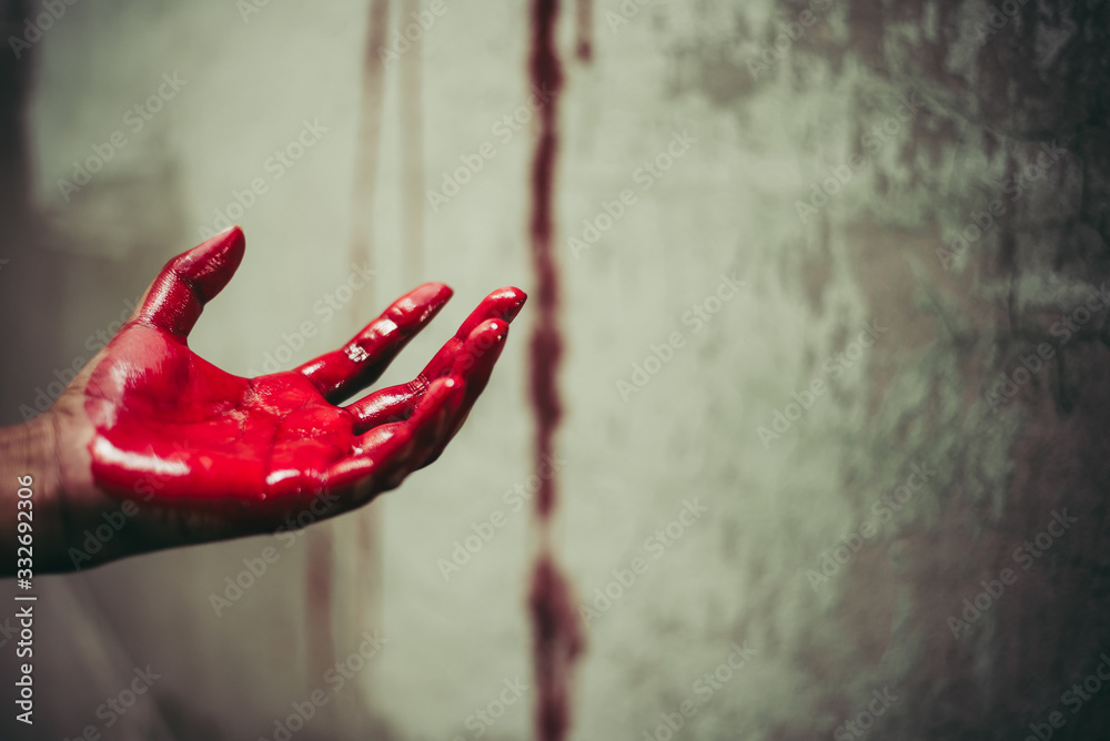 Close up of bloody hands in abandon house background. Horror and ghost concept. Criminal and murder concept. Halloween day and sacrifice theme. People and religion theme. Open the palm of the hands. - obrazy, fototapety, plakaty 