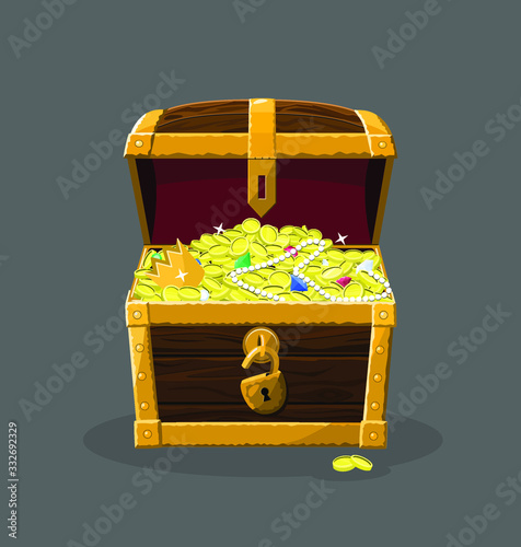 Old treasure chest with golden coins and jems