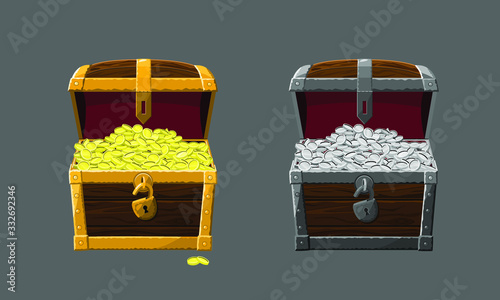 Old chests with treasures: golden and silver coins