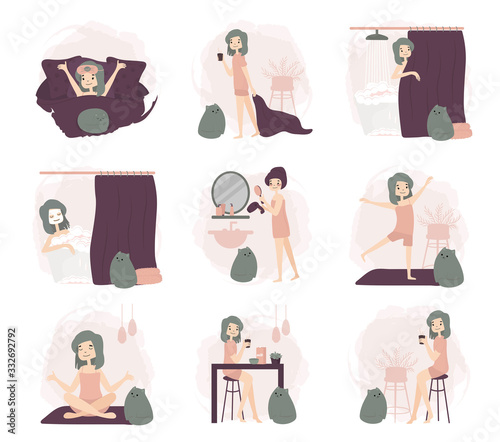 Morning routine of a girl set.  Sleeping, washing, body care, fitness, yoga, coffee, breacfast. Daily Routine Activities. Life with cat.Vector flat