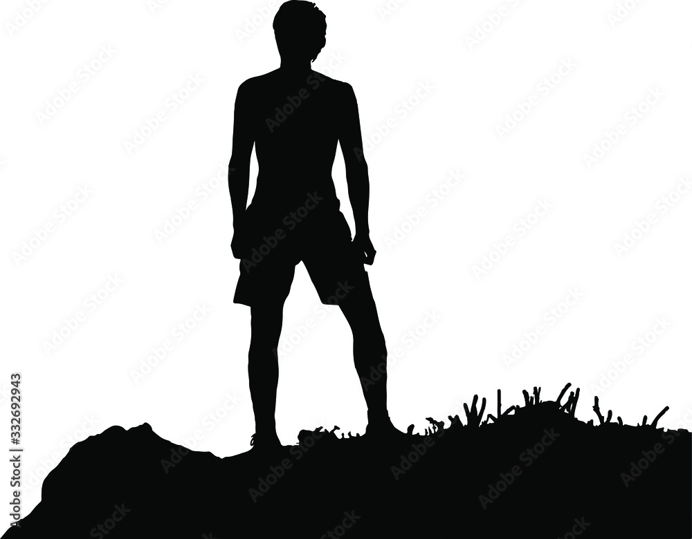 Black silhouette of man standing on the top of the hill, enjoying beautiful view. Vector illustration, isolated on white background. Black silhouette of man standing on the top of the hill, enjoying beautiful view. Vector illustration, isolated on white background.