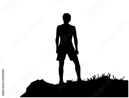 Black silhouette of man standing on the top of the hill, enjoying beautiful view. Illustration, isolated on white background.