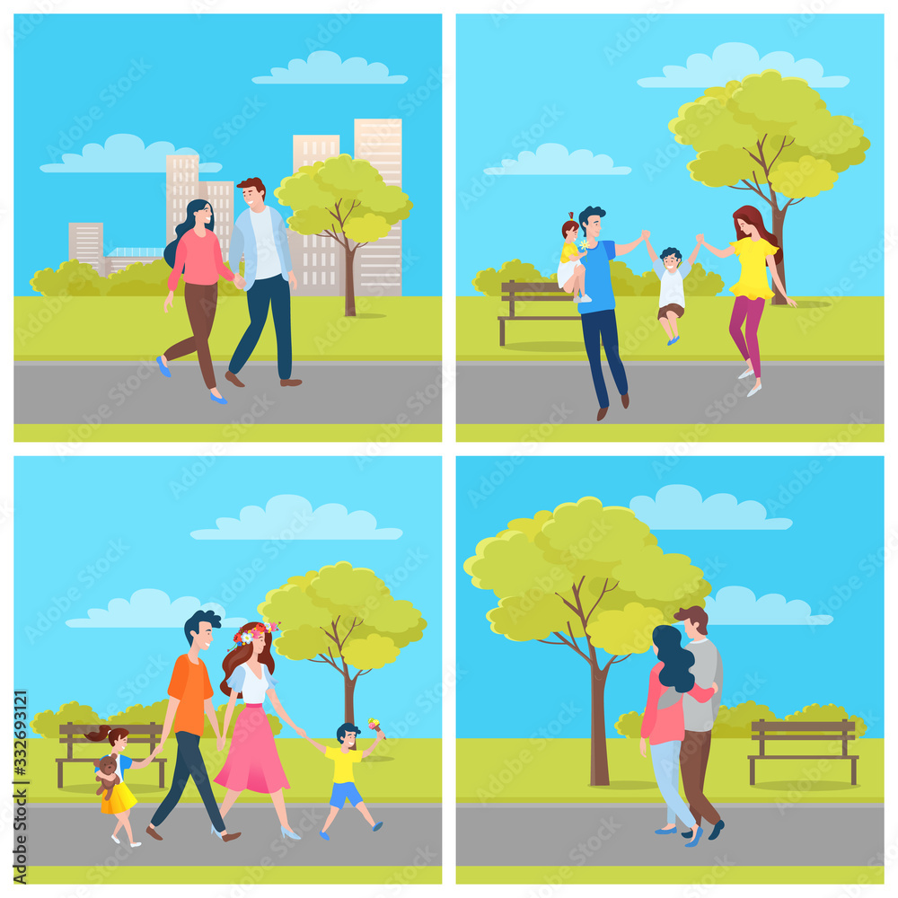 Family and couple leisure in urban park, man and woman character hugging, parents holding children, walking near buildings and trees, relationship vector