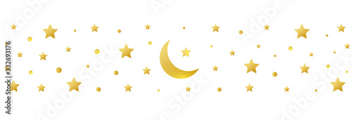 Golden crescent and star symbol on white background. Ramadan Kareem long greeting banner. Eid Mubarak greeting card. Luxury gold design elements. Muslim islamic feast. Vector illustration