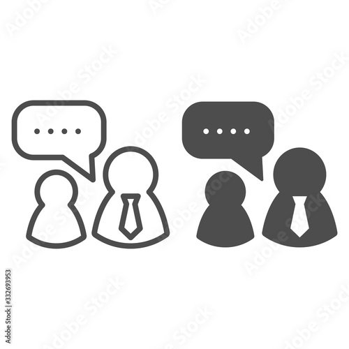 Job interview line and solid icon. Boss and employee, dialogue with authorities symbol, outline style pictogram on white background. Teamwork sign for mobile concept and web design. Vector graphics.