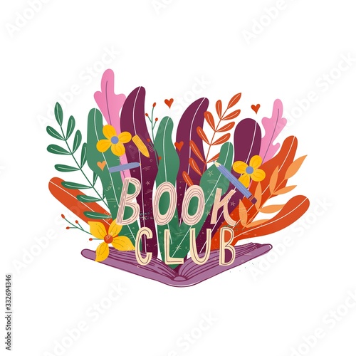 Hand drawn lettering Book club inscription for invitation and greeting card, promo , prints, flyer, cover, and posters. Vector vintage illustration with floral leaves