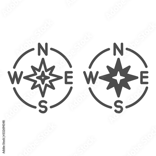 Compass directions line and solid icon. Compassing star, oldstyle discoverer item symbol, outline style pictogram on white background. Teamwork sign for mobile concept and web design. Vector graphics.