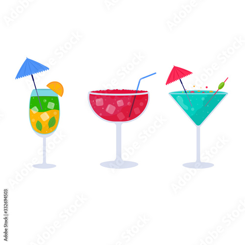 Set of Tropical cocktails. Alcoholic summer drinks in glasses, mojito, vodka, sambuca, martini, juices, bloody mary. Holiday and beach party concept for party invitation, bar menu. Vector illustration