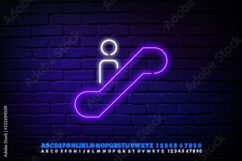 Neon light. Escalator staircase icon. Elevator moving stairs down symbol. Glowing graphic design. Brick wall. Vector