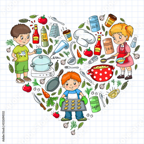 Vector pattern with cooking class for little children. Kids icons. Healthy eating.