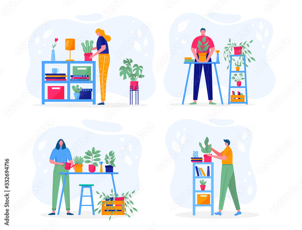 Home garden concept. Young people holding plant with leaves, cares for flower, watering, planting, cultivating. Illustration of flowers, plants in pots with people enjoying their hobbies. Vector