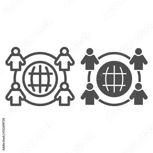 Employee outsourcing line and solid icon. Business outsource, globe and four persons symbol, outline style pictogram on white background. Teamwork sign for mobile concept, web design. Vector graphics.