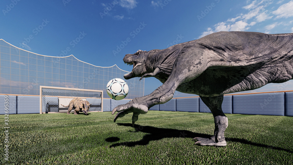 Fototapeta premium Image of dinosaurs playing football 3D illustration