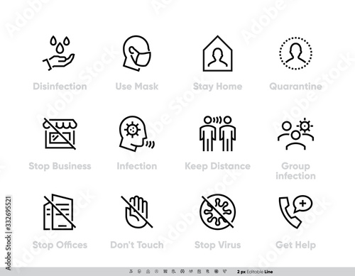 Coronavirus Protection Measures icon set. Vector Pack for infographic or website Contains such Icons as Disinfection, Use Mask, Stay Home, Quarantine, Stop Business, Stop Offices, Infection
