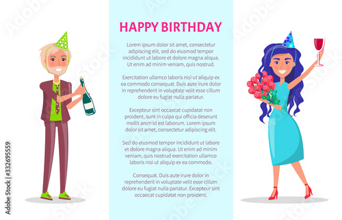 Happy birthday greeting card, man in suit and festive cap, bottle of champagne in hand. Vector woman with bouquet of flowers and wine s celebrate Bday party