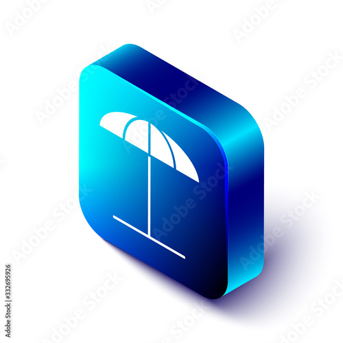 Isometric Sun protective umbrella for beach icon isolated on white background. Large parasol for outdoor space. Beach umbrella. Blue square button. Vector Illustration