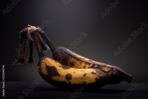 Fotografia Spotlight on low key still life of a couple of overripe bananas with black spots