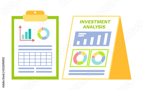 Investment planning and retirement information, data and info on clipboards and papers. Documents with plans and infographics vector, analytics and statistics