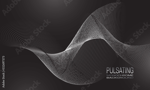 Pulsating monochrome background design with wave flow of dots and lines. Abstract futuristic background for banner, flyer or poster.