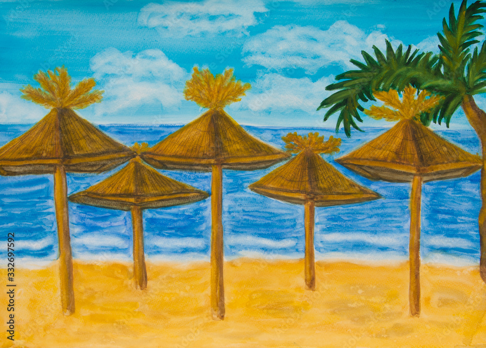 Exotic beach with umbrellas and palm