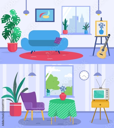 Living room interior banners set with sofa, guitar, plants in pots, armchairs...