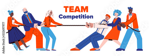 Two business teams of people pulling rope flat vector illustration isolated.