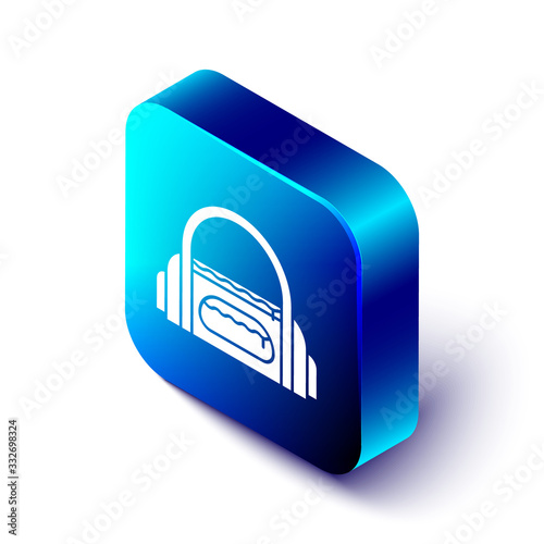 Isometric Sport bag icon isolated on white background. Blue square button. Vector Illustration