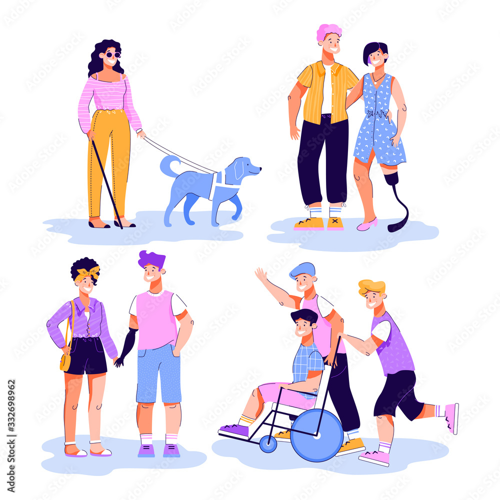Disabled people having walk and romantic dates vector illustration isolated. - obrazy, fototapety, plakaty 