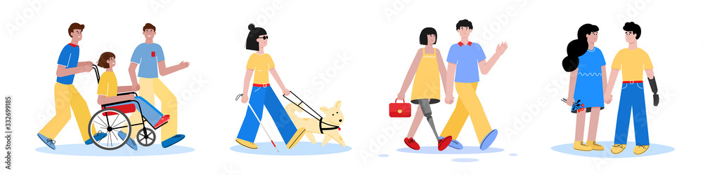 Disabled people with friends - cartoon men and women with disability Disabled people with friends - cartoon men and women with disability
