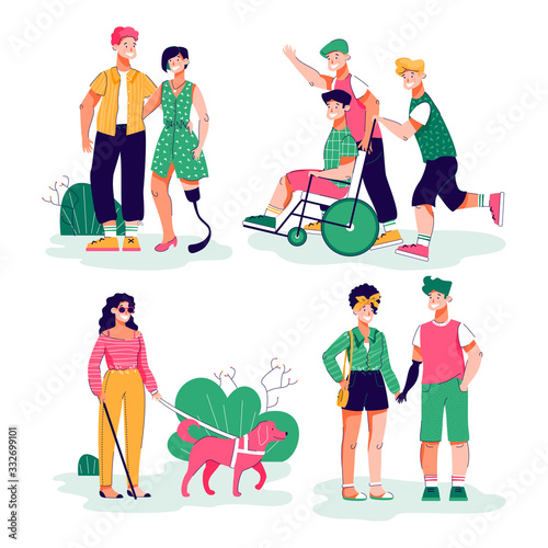 Handicapped people daily activity, flat cartoon vector illustration isolated.