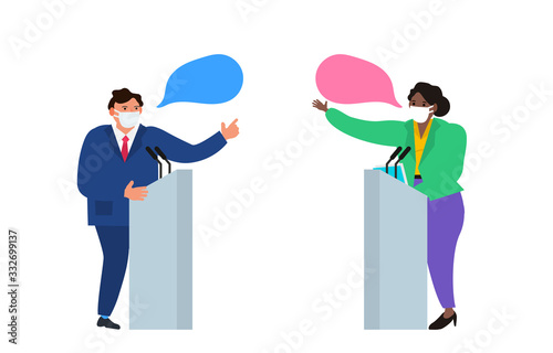 political debates two politicians man and woman in protective masks  coronavirus threat  vector illustration