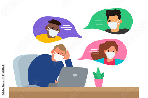 man in protective mask at home using laptop working or chating with friends during coronavirus pandemic outbreak vector illustration