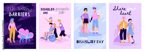 Inspirational cards set for World Disabled Day flat cartoon vector illustration. © Kudryavtsev