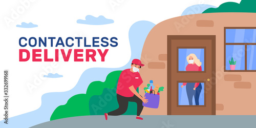 safe contactless delivery to home courier with grocery products bag near the door coronavirus covid 19 outbreak