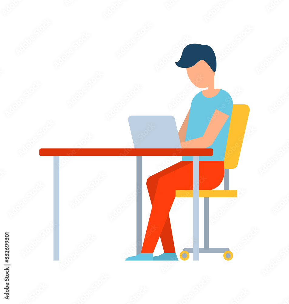 Male working in internet technologies field vector, person with laptop typing info, isolated male in flat style. Modern worker concentrated on job Male working in internet technologies field vector, person with laptop typing info, isolated male in flat style. Modern worker concentrated on job
