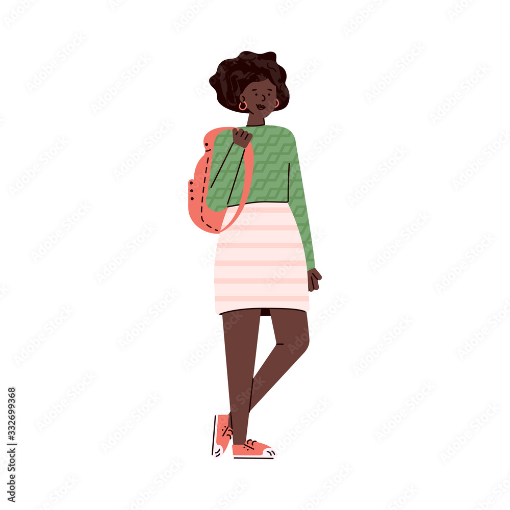 Cartoon African girl with student backpack standing and smiling