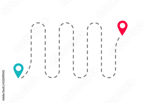 Travel direction route location position with pin map pointer as navigational path or way guide vector flat cartoon illustration, idea of road gps track distance modern simple design isolated clipart