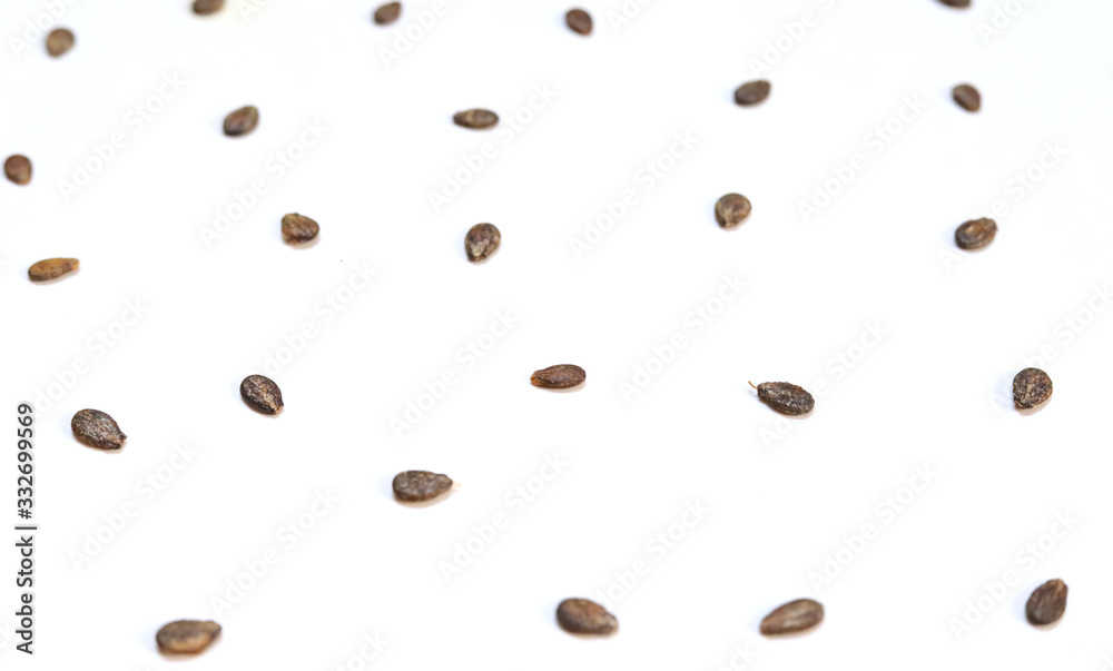 Watermelon seeds, macro isolated on white background, top view