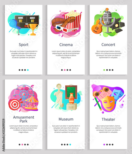 Theater and concert vector, sport and museum, amusement park and cinema relaxation, attraction and things to do on weekends, musical performance. Website or slider app, landing page flat style