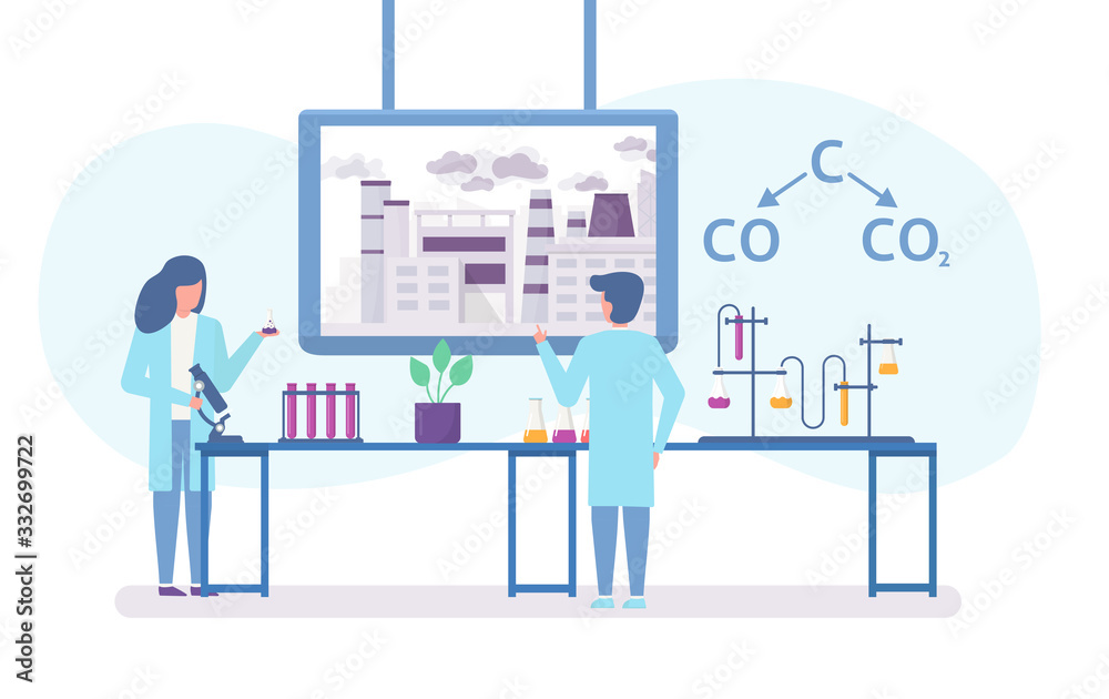 Chemical research in ecology of polluted city with scientists people and chemical formula of air polution flat vector illustration. Carbon dioxide emissions polutes air research concept. Chemical research in ecology of polluted city with scientists people and chemical formula of air polution flat vector illustration. Carbon dioxide emissions polutes air research concept.